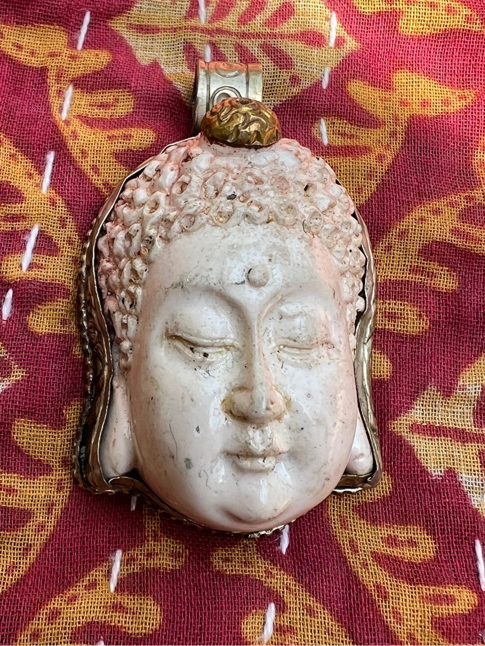Carved Buddha Face Pendant - Cream & Gold Accent- Nepal
